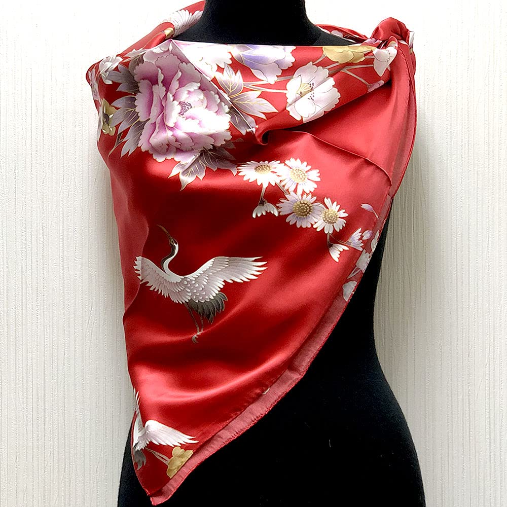 マカナレイ　鶴桜赤　和柄　シルク Amazon | 和柄シルクスカーフ鶴 赤 | スカーフ 通販